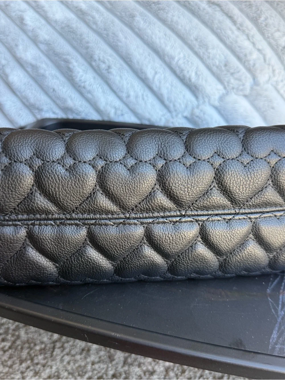 LARGE Betsey Johnson Black Quilted Heart Cosmetic Pouch with Gold Plaque 12”x7”